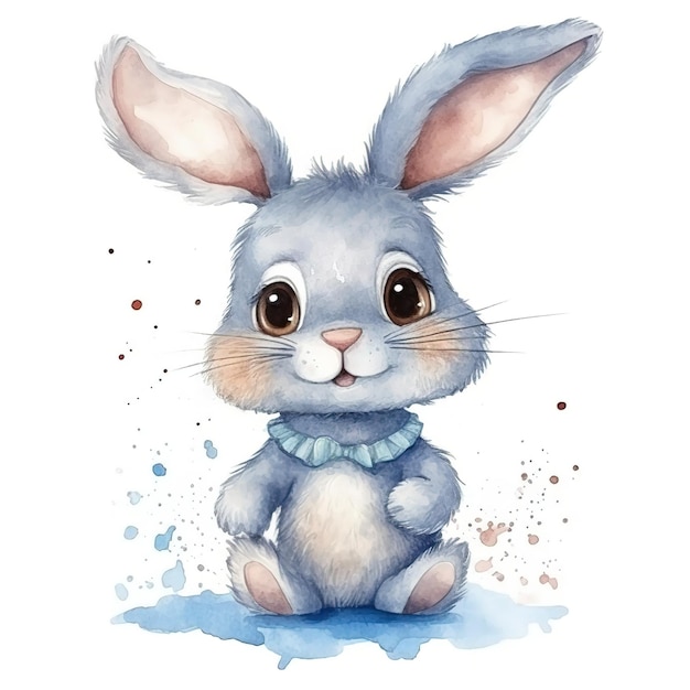 Imagem em aquarela de um lindo coelho azul de desenho animado em um fundo branco gerado ai