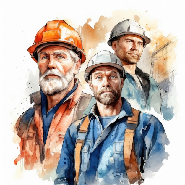 Imagem em aquarela de uma equipe de construtores de diferentes perfis