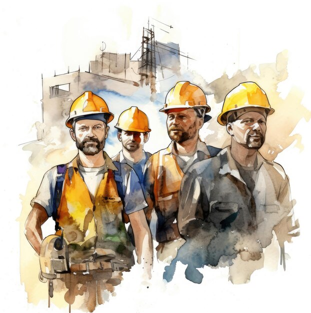 Imagem em aquarela de uma equipe de construtores de diferentes perfis