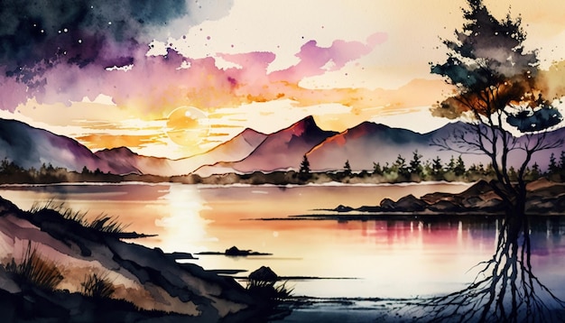 Imagem em aquarela de uma paisagem da natureza, um belo desenho abstrato com montanhas e lago coloridos do pôr do sol