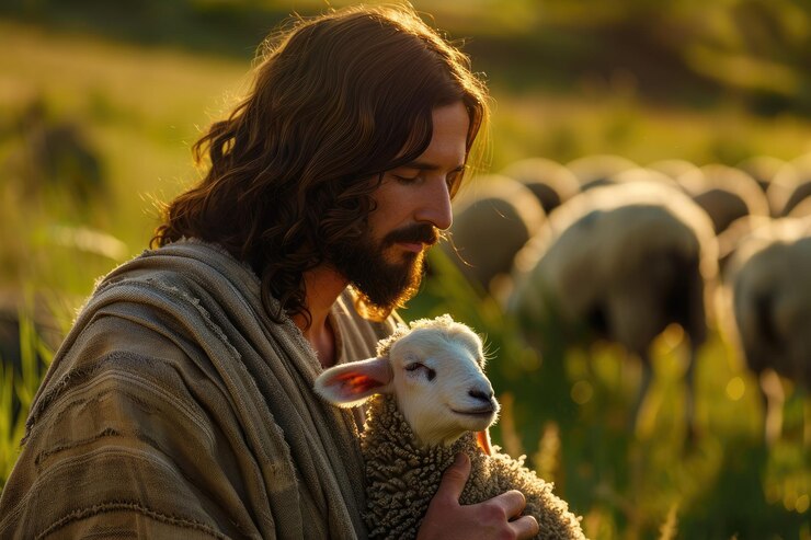 Imagem em close de Jesus Cristo com um cordeiro na natureza