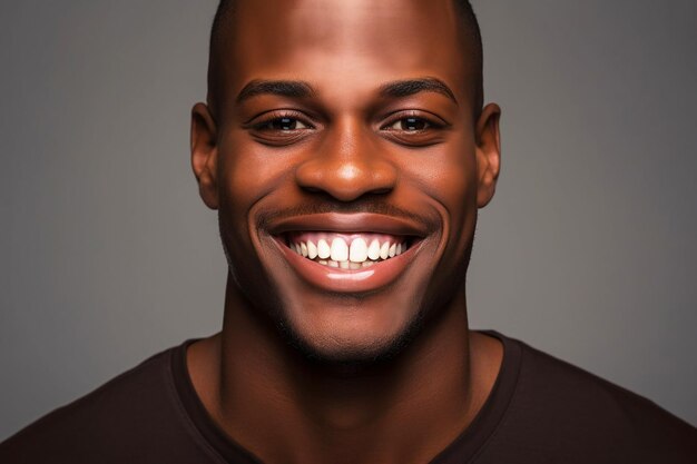 Imagem em close de parte do rosto de um jovem negro africano com um grande sorriso com dentes brancos