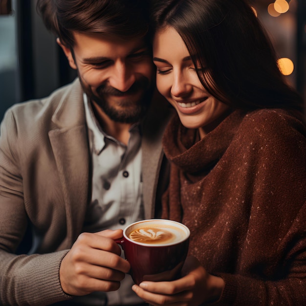 Imagem em close de um jovem casal segurando e bebendo café