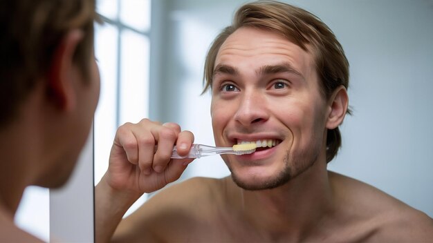 Foto imagem em close de um jovem homem não barbeado segurando uma escova de dentes de plástico enquanto escova o dente em ba