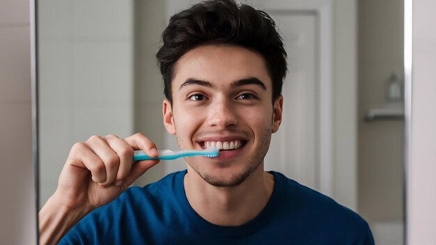 Imagem em close de um jovem homem não barbeado segurando uma escova de dentes de plástico enquanto escova o dente em ba