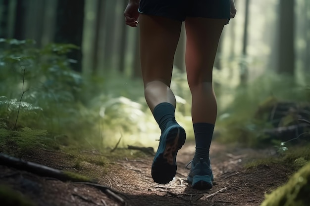 Imagem em close de uma corredora caminhando na floresta gerada pela IA