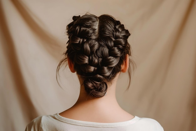 Imagem em close-up com o padrão intrincado de um penteado clássico francês em uma mulher