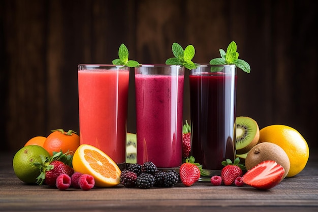 Foto imagem em close-up com quatro copos cheios de sucos de frutas e bagas cercados