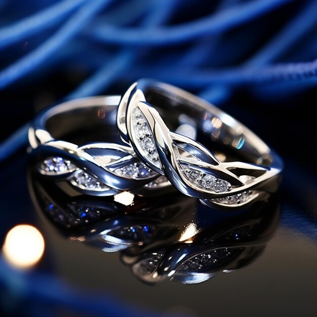 Imagem em close-up de anéis de casamento entrelaçados com diamantes e safiras