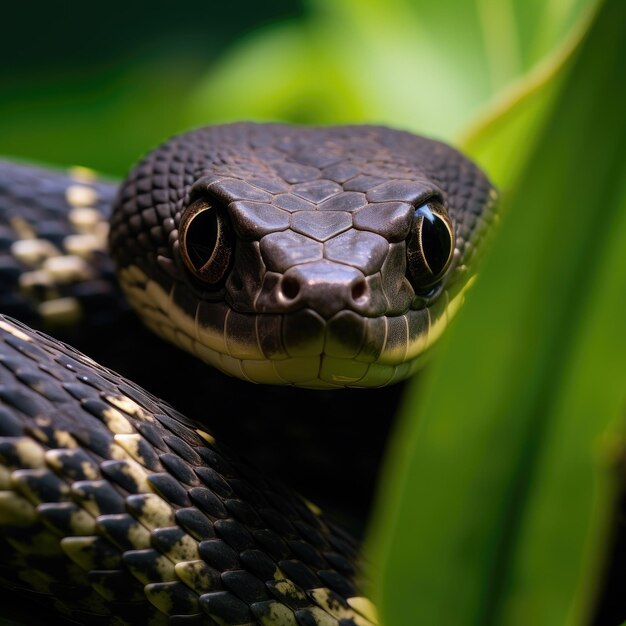 Imagem em close-up de cobra preta em habitat natural para educação sobre vida selvagem