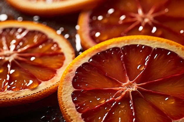 Imagem em close-up de laranjas sangrentas cortadas com suco gotejando