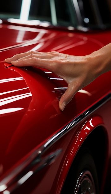 Imagem em close-up de mão feminina aplicando nano revestimento em carro vermelho