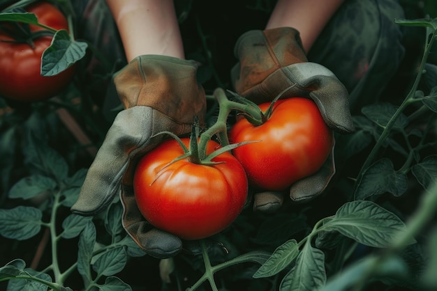 Imagem em close-up de mãos de mulher em luvas de jardinagem plantando tomate