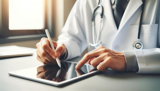 Imagem em close-up de mãos de profissionais médicos usando uma caneta em um tablet digital para atualizar ou rever os registros de saúde do paciente