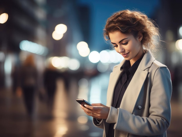 Imagem em close-up de mulher de negócios observando um dispositivo de telefone móvel inteligente ao ar livre Mulher de negócios em rede digitando uma mensagem SMS na rua da cidade