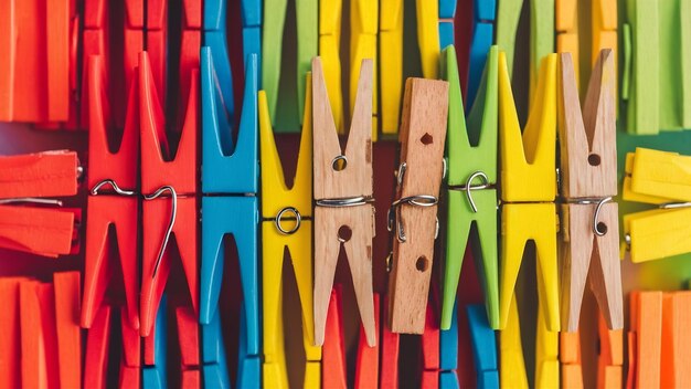 Foto imagem em close-up de pinças de roupa coloridas