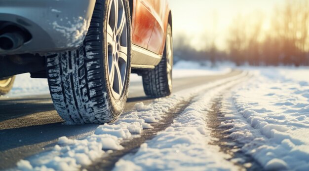 Imagem em close-up de pneus de carro na estrada no inverno