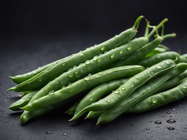 imagem em close-up de um belo legume de feijão verde com gotas de água