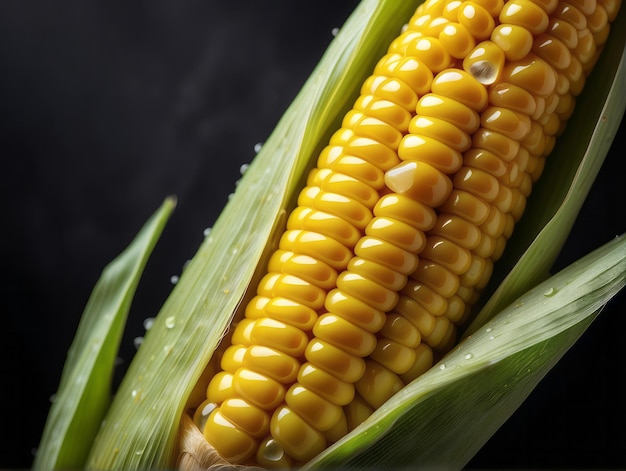 imagem em close-up de um belo vegetal de milho com gotas de água