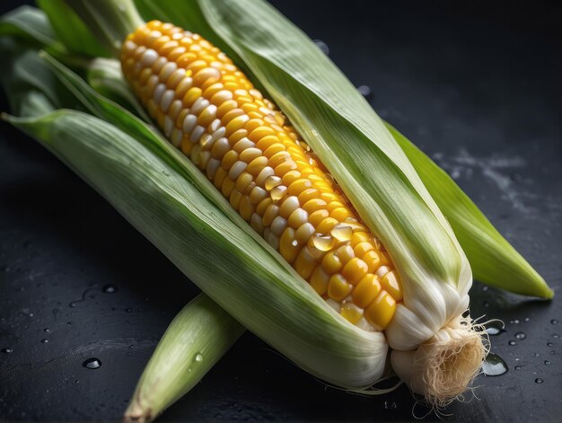 imagem em close-up de um belo vegetal de milho com gotas de água