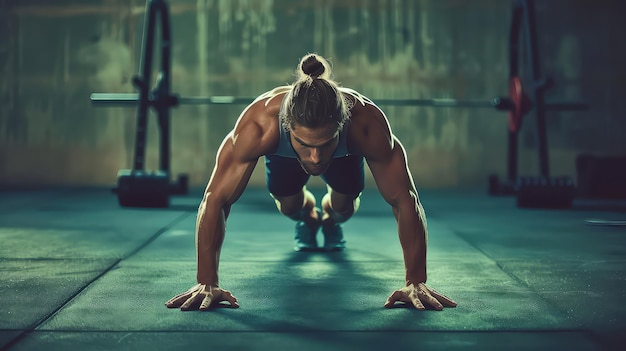 Imagem em close-up de um homem musculoso fazendo push-ups