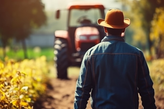 Foto imagem em close-up de um jovem agricultor com chapéu inspecionando um trator na fazenda capturada de trás