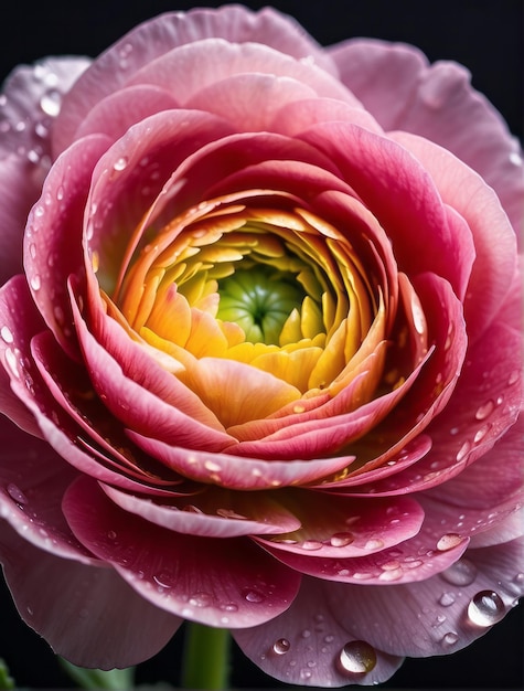 imagem em close-up de uma bela flor de Ranunculus com gotas de água