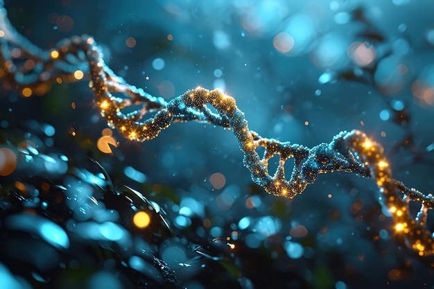 Imagem em close-up de uma célula de DNA humano com pontos laranjas brilhantes dentro de um em um fundo azul escuro