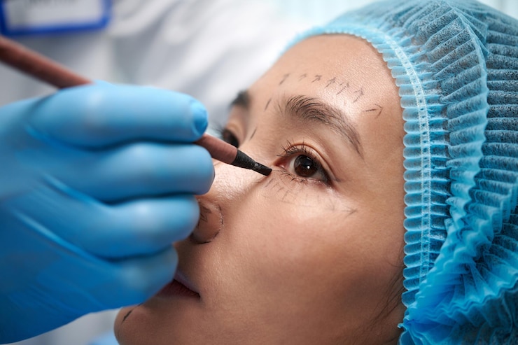 Foto imagem em close-up de uma jovem sendo marcada no rosto antes da blefaroplastia