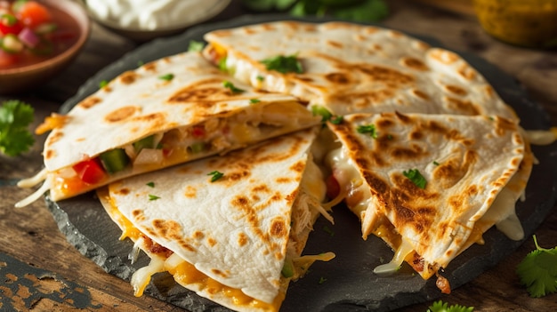 imagem em close-up de uma quesadilla crocante dourada sujando com queijo derretido e cheio de uma mistura saborosa de ingredientes