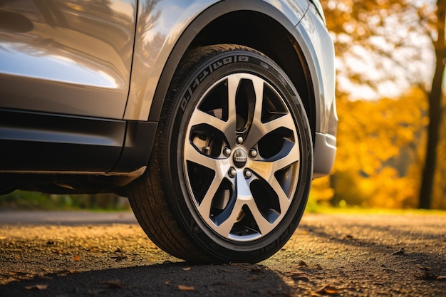 Foto imagem em close-up de uma roda de carro estacionada com uma borda de alumínio