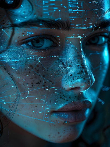 Imagem em close-up futurista de uma mulher com hologramas em sua pele Tecnologia de inovação de conceito
