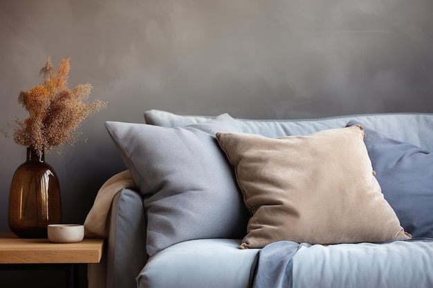 Imagem em close-up mostrando detalhes táteis do sofá cinza Uma característica de móvel moderno e sensorial
