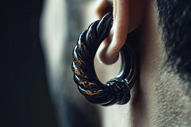 Foto imagem em cores vibrantes de piercing do lóbulo da orelha estendido com túnel de carne de alto detalhe 8k