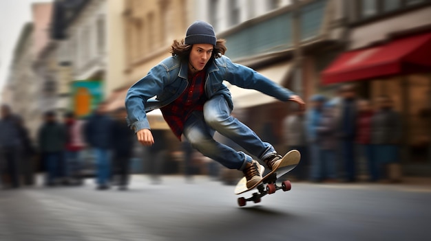 Imagem em movimento rápido de um skateboarder asiático skateboarding na rua