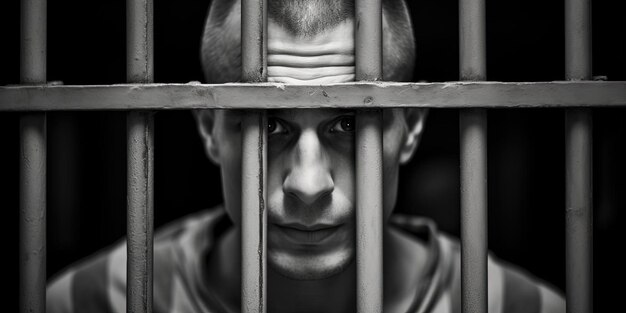 imagem em preto e branco de um prisioneiro com barras em uma cela no estilo de textura rica
