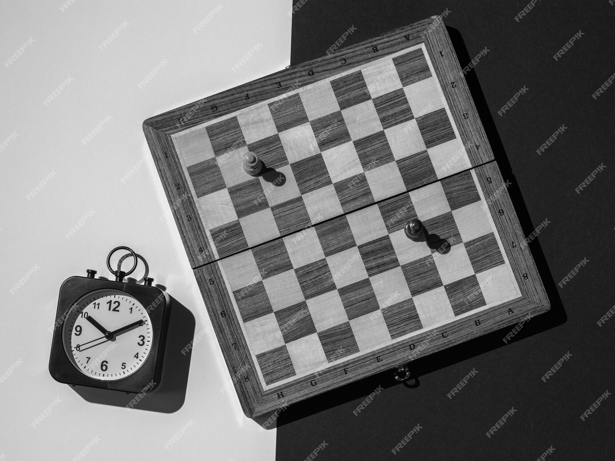 Xadrez com tabuleiro e relógio de xadrez em um fundo branco