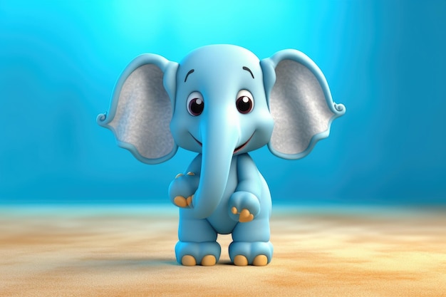Imagem engraçada de um elefante de desenho animado 3D em cores azuis e amarelas com um fundo azul Generative AI