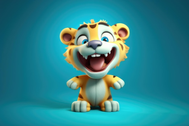 Imagem engraçada de um tigre de desenho animado 3D em cores azuis e amarelas com um fundo azul Generative AI