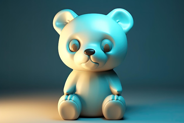 Imagem engraçada de um urso de desenho animado 3D em cores azuis e amarelas com um fundo azul Generative AI