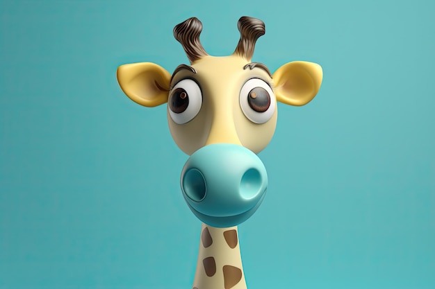 Foto imagem engraçada de uma girafa de desenho animado 3d em cores azuis e amarelas com um fundo azul generative ai