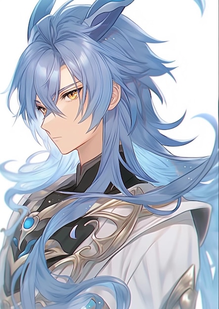 imagem estilo anime de um homem com cabelo azul e uma camisa branca ai generativa