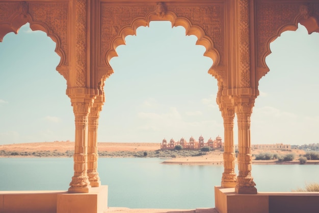 Imagem filtrada vintage do lago Gadi Sagar em Jaisalmer, Índia