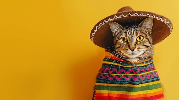 Foto imagem fotorrealista com um gato vestindo um sombrero e poncho
