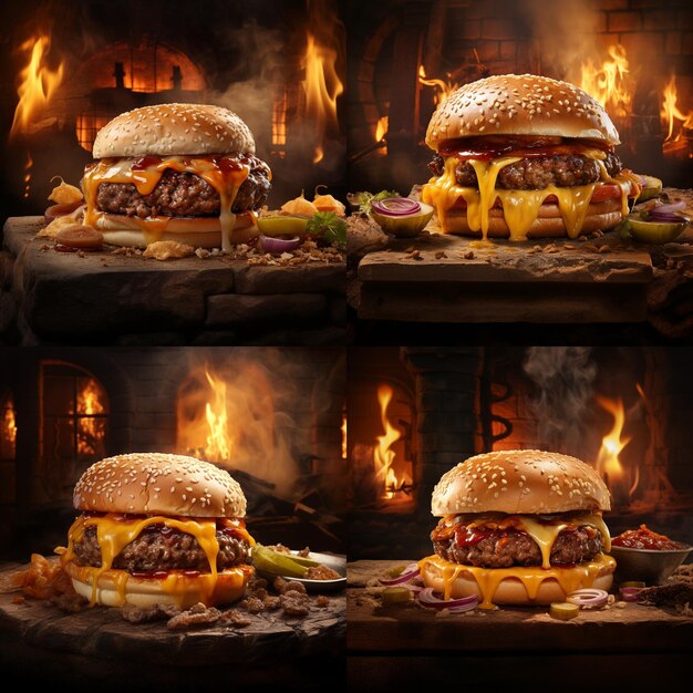 Imagem fotorrealista de um cheeseburger duplo quente e fumegante em uma tábua de madeira com queijo cheddar