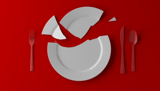 Imagem fotorrealista de um prato branco quebrado sobre fundo vermelho. ilustração 3d