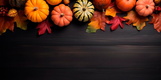 Imagem fotorrealista para o Dia de Ação de Graças e Outono de folhas de outono e abóboras em um fundo escuro