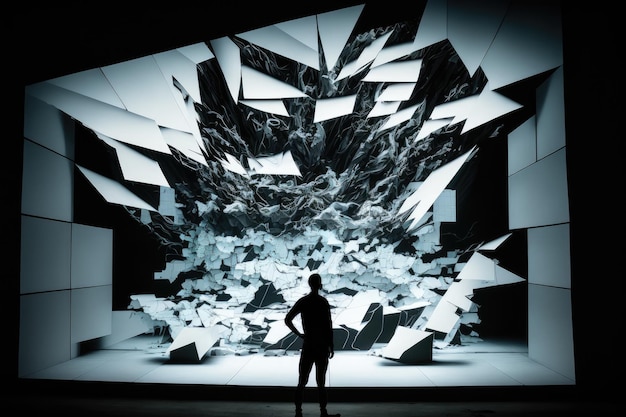Imagem fraturada de instalação semelhante a uma tela gigante do futuro em um mundo virtual futurista