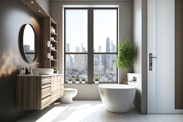 Imagem frontal do interior de um banheiro que apresenta uma parede marrom, um armário de madeira e uma janela de banheira branca vista da maquete da cidade