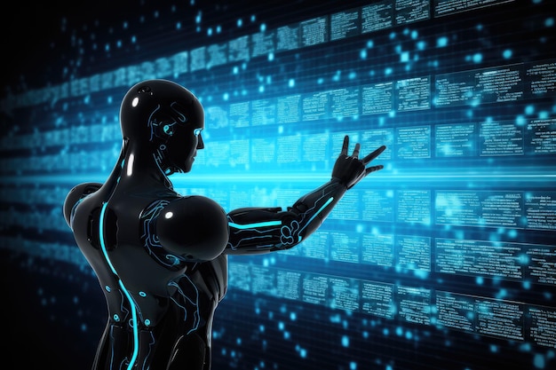 Imagem futurista de um robô visualizando sinais eletrônicos com vários gestos por IA generativa